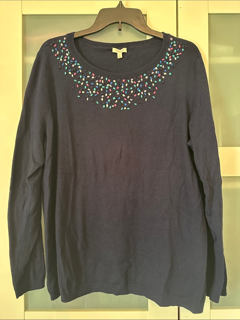 Talbots Navy Crewneck Sweater with Multicolor Bead Embellishment